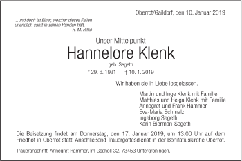 Traueranzeige von Hannelore Klenk von Haller Tagblatt