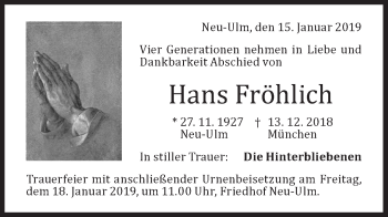 Traueranzeige von Hans Fröhlich von SÜDWEST PRESSE Ausgabe Ulm/Neu-Ulm