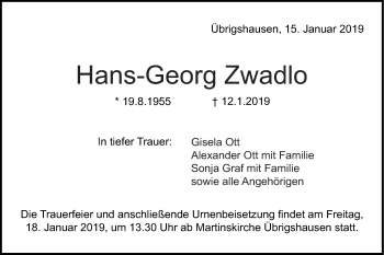 Traueranzeige von Hans-Georg Zwadlo von Haller Tagblatt