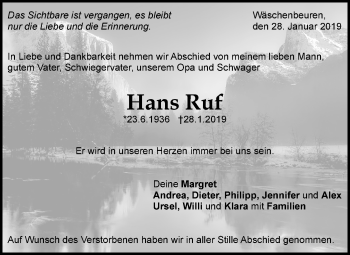 Traueranzeige von Hans Ruf von NWZ Neue Württembergische Zeitung