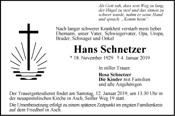 Traueranzeige von Hans Schnetzer von SÜDWEST PRESSE Ausgabe Ulm/Neu-Ulm