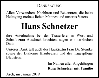 Traueranzeige von Hans Schnetzer von SÜDWEST PRESSE Ausgabe Ulm/Neu-Ulm