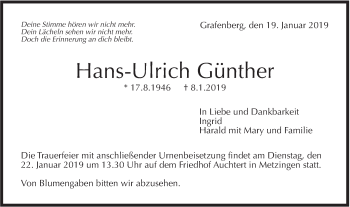 Traueranzeige von Hans-Ulrich Günther von Metzinger-Uracher Volksblatt