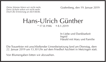 Traueranzeige von Hans-Ulrich Günther von Metzinger-Uracher Volksblatt