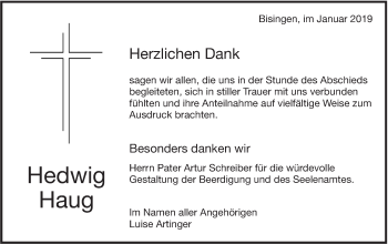 Traueranzeige von Hedwig Haug von Hohenzollerische Zeitung