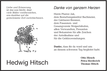 Traueranzeige von Hedwig Hitsch von Hohenloher Tagblatt