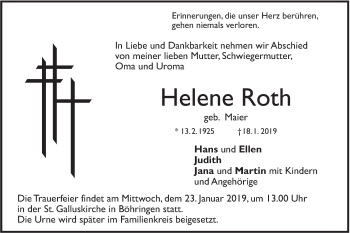 Traueranzeige von Helene Roth von Alb-Bote/Metzinger-Uracher Volksblatt