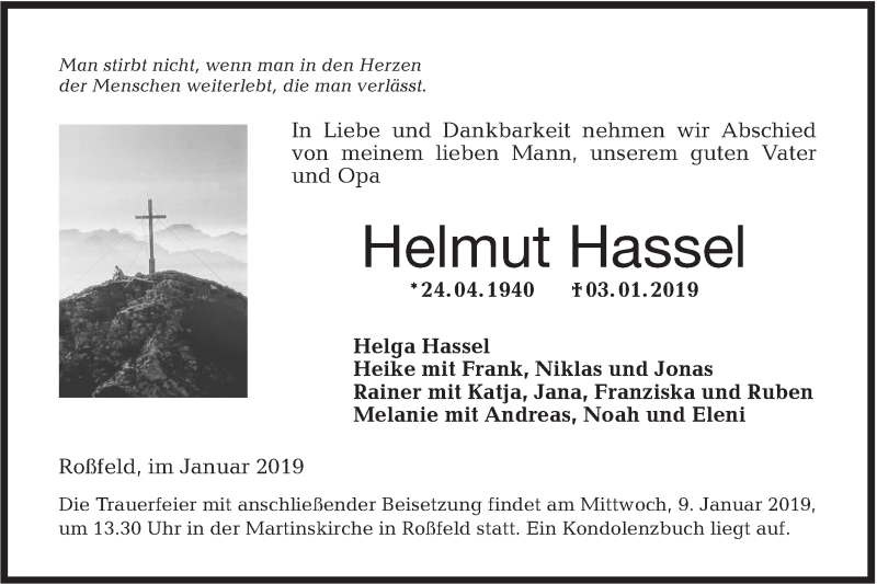  Traueranzeige für Helmut Hassel vom 05.01.2019 aus Hohenloher Tagblatt