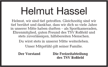 Traueranzeige von Helmut Hassel von Hohenloher Tagblatt