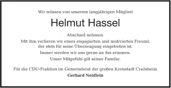 Traueranzeige von Helmut Hassel von Hohenloher Tagblatt