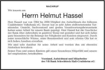 Traueranzeige von Helmut Hassel von Hohenloher Tagblatt