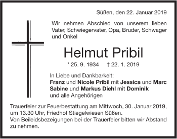 Traueranzeige von Helmut Pribil von NWZ Neue Württembergische Zeitung