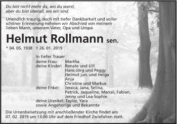 Traueranzeige von Helmut Rollmann von Alb-Bote/Metzinger-Uracher Volksblatt