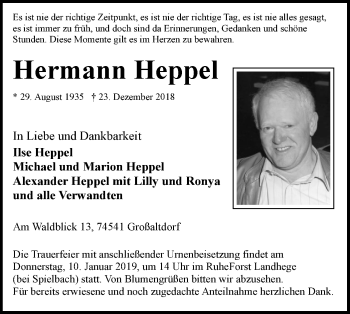 Traueranzeige von Hermann Heppel von Haller Tagblatt