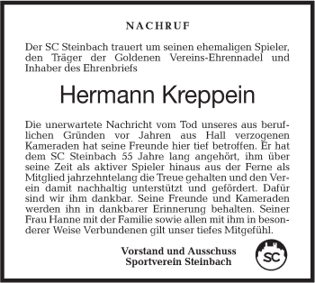 Traueranzeige von Hermann Kreppein von Haller Tagblatt