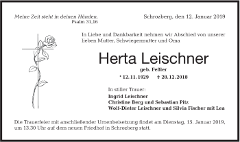 Traueranzeige von Herta Leischner von Hohenloher Tagblatt