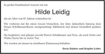 Traueranzeige von Hilde Leidig von Hohenloher Tagblatt