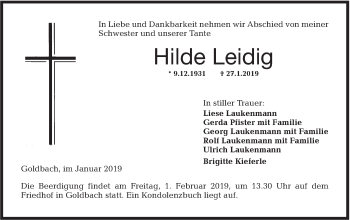 Traueranzeige von Hilde Leidig von Hohenloher Tagblatt