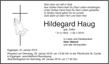 Traueranzeige von Hildegard Haug von SÜDWEST PRESSE Ausgabe Ulm/Neu-Ulm