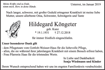 Traueranzeige von Hildegard Köngeter von Rundschau Gaildorf