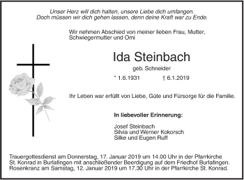 Traueranzeige von Ida Steinbach von SÜDWEST PRESSE Ausgabe Ulm/Neu-Ulm