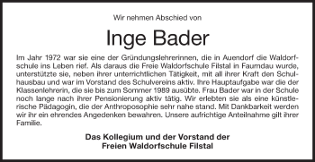 Traueranzeige von Inge Bader von NWZ Neue Württembergische Zeitung/Geislinger Zeitung