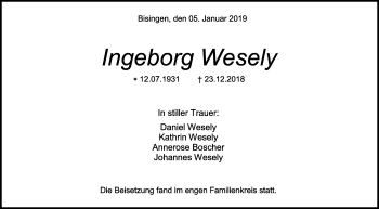 Traueranzeige von Ingeborg Wesely von Hohenzollerische Zeitung