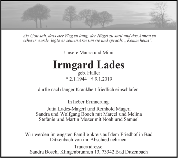 Traueranzeige von Irmgard Lades von Geislinger Zeitung