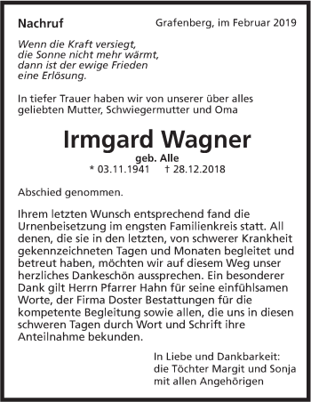 Traueranzeige von Irmgard Wagner von Metzinger-Uracher Volksblatt