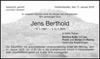 Traueranzeige von Jens Berthold von NWZ Neue Württembergische Zeitung