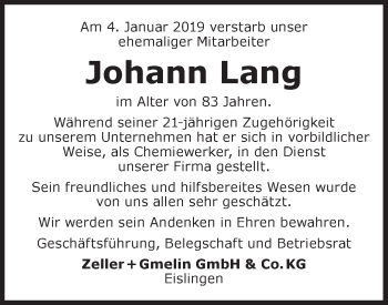 Traueranzeige von Johann Lang von NWZ Neue Württembergische Zeitung