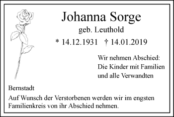 Traueranzeige von Johanna Sorge von SÜDWEST PRESSE Ausgabe Ulm/Neu-Ulm