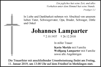 Traueranzeige von Johannes Lamparter von SÜDWEST PRESSE Ausgabe Ulm/Neu-Ulm