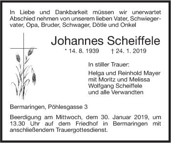 Traueranzeige von Johannes Scheiffele von SÜDWEST PRESSE Ausgabe Ulm/Neu-Ulm