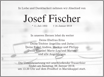 Traueranzeige von Josef Fischer von Hohenloher Tagblatt