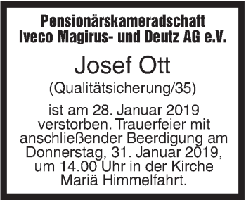 Traueranzeige von Josef Ott von SÜDWEST PRESSE Ausgabe Ulm/Neu-Ulm