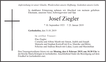 Traueranzeige von Josef Ziegler von SÜDWEST PRESSE Ausgabe Ulm/Neu-Ulm