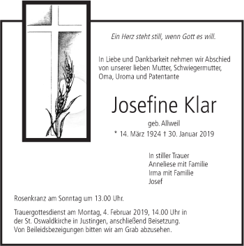 Traueranzeige von Josefine Klar von Ehinger Tagblatt