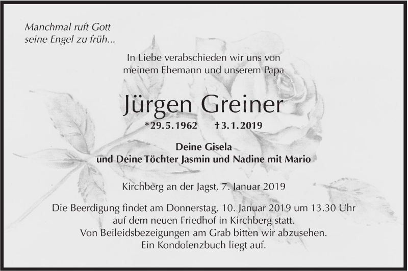  Traueranzeige für Jürgen Greiner vom 08.01.2019 aus Hohenloher Tagblatt