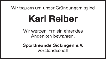 Traueranzeige von Karl Reiber von Hohenzollerische Zeitung