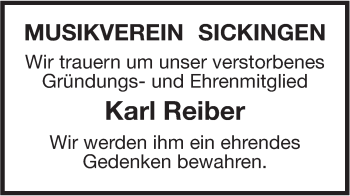 Traueranzeige von Karl Reiber von Hohenzollerische Zeitung