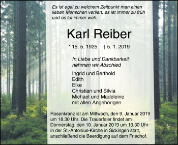 Traueranzeige von Karl Reiber von Hohenzollerische Zeitung