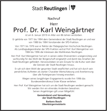 Traueranzeige von Karl Weingärtner von Metzinger-Uracher Volksblatt