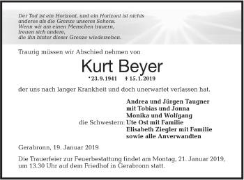 Traueranzeige von Kurt Beyer von Hohenloher Tagblatt