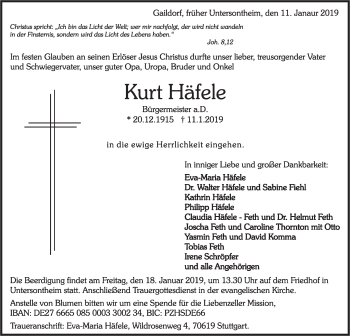 Traueranzeige von Kurt Häfele von Haller Tagblatt