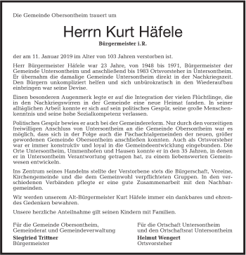 Traueranzeige von Kurt Häfele von Haller Tagblatt