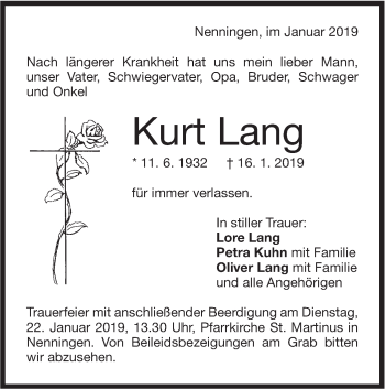 Traueranzeige von Kurt Lang von NWZ Neue Württembergische Zeitung