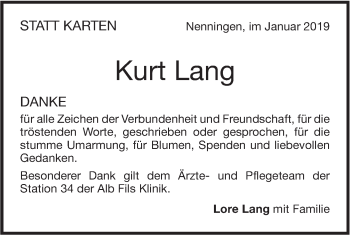 Traueranzeige von Kurt Lang von NWZ Neue Württembergische Zeitung