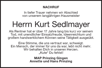 Traueranzeige von Kurt Sedlmayer von NWZ Neue Württembergische Zeitung