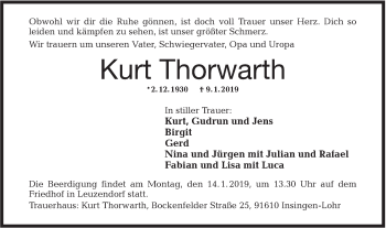 Traueranzeige von Kurt Thorwarth von Hohenloher Tagblatt